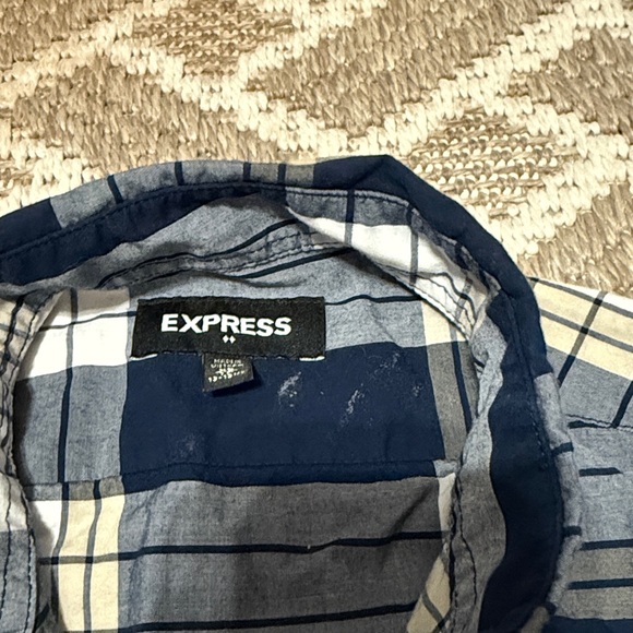 Express Men's Navy, Tan and White plaid button down shirt  XS - Picture 3 of 6